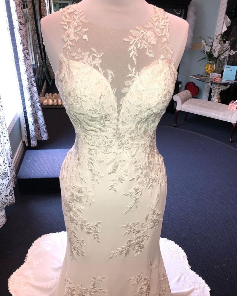 Wedding Dresses Sleeved, Exquisite Jewel Sleeveless Wedding Dress Sheath Tulle Lace Open Back Bridal Gown