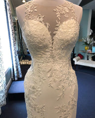 Wedding Dresses Sleeve, Exquisite Jewel Sleeveless Wedding Dress Sheath Tulle Lace Open Back Bridal Gown