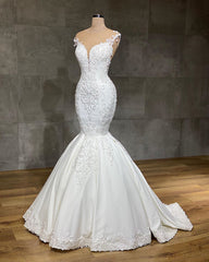 Wedding Dresses Store, Exquisite Long Lace V-neck Sleeveless Mermaid Wedding Dresses