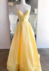 Long Dress Formal, Yellow Satin Long Prom Dresses, A-Line Backless Evening Dresses