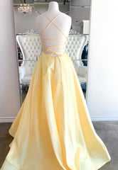 Strapless Dress, Yellow Satin Long Prom Dresses, A-Line Backless Evening Dresses