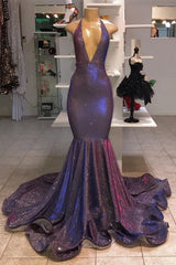 Evening Dress Mermaid, Chic Deep V-Neck Sleeveless Prom Dresses New Arrival Halter Memaiad Sequins Evening Gowns