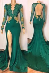 Evening Dress Shopping, open back sexy side slit green prom dresses long sleeves