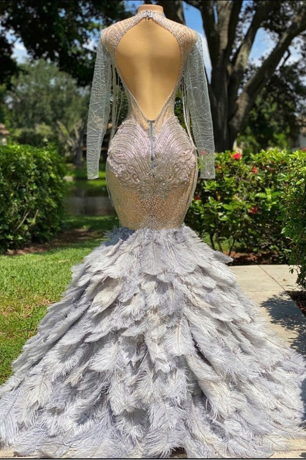 Evening Dresses Simple, Fabulous Long Mermaid V-neck Sequined Beading Feather Tulle Prom Dress with Sleeves