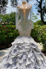 Evening Dresses Gowns, Fabulous Long Mermaid V-neck Sequined Beading Feather Tulle Prom Dress with Sleeves