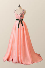 Bridesmaids Dresses Fall Wedding, Coral Floral Embroidered Corset Long Formal Dress