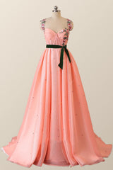 Bridesmaid Dresses Fall Colors, Coral Floral Embroidered Corset Long Formal Dress