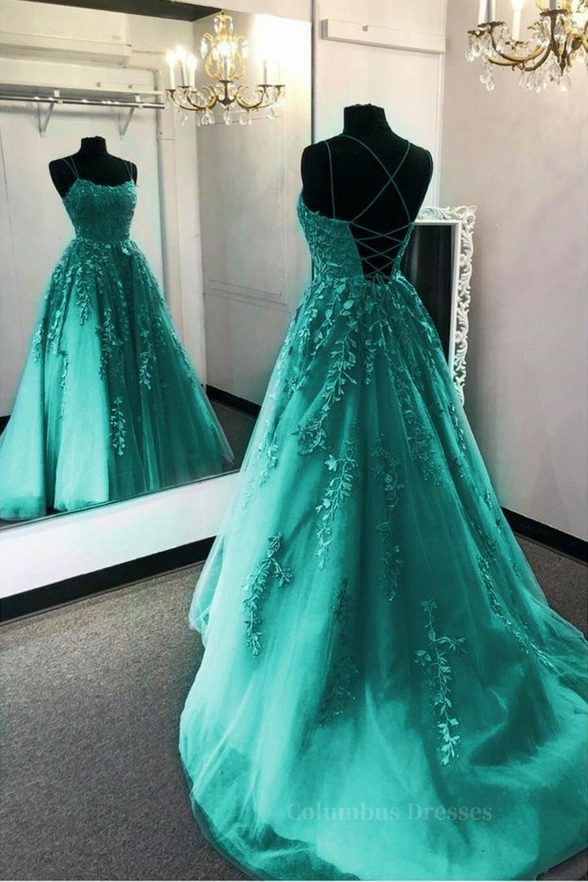 Sundress, Fashion Green Lace Appliques Open Back Tulle Long Prom Dresses, Green Lace Formal Dresses, Green Evening Dresses