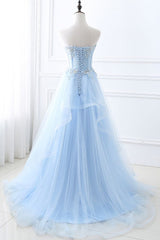 Blue Dress, Fashion Sweetheart Long Tulle Sky Blue Prom Party Gowns with Sequins