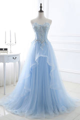 Long Dress, Fashion Sweetheart Long Tulle Sky Blue Prom Party Gowns with Sequins