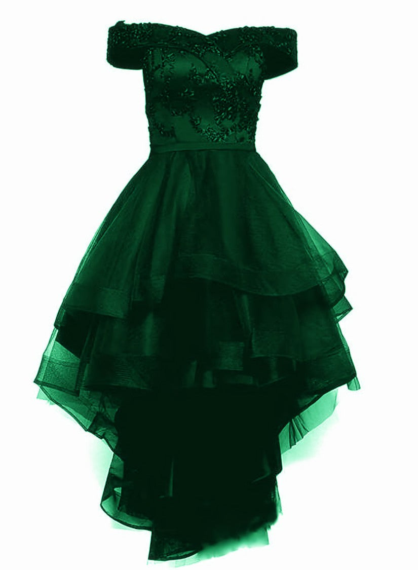 Mermaid Dress, Fashionable Dark Green High Low Tulle with Lace Homecoming Dress, Green Party Dresses