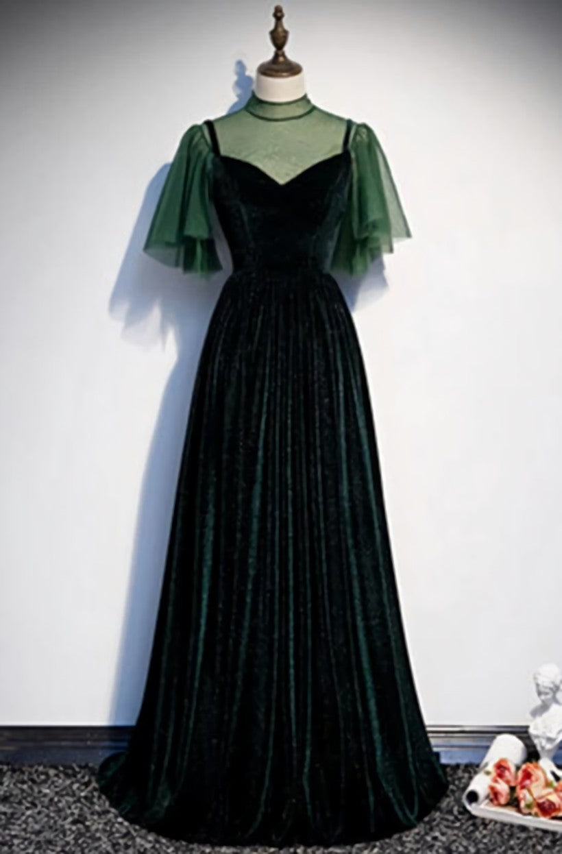 Party Dress Red Colour, Fashionable Dark Green Velvet Long Party Gown, Green Bridesmaid Dress