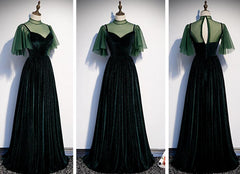 Party Dress Bling, Fashionable Dark Green Velvet Long Party Gown, Green Bridesmaid Dress