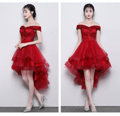 Evening Dress Ideas, Fashionable High Low Party Dress, Red Off Shoulder Homecoming Dress