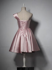 Bridesmaid Dresses Long Sleeve, Fashionable Pink Knee Length Satin Short Prom Dress, One Shoulder Bridesmaid Dress