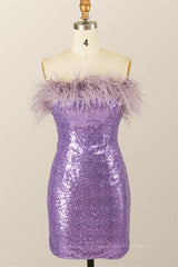 Classy Dress, Feather Strapless Purple Sequin Mini Dress