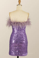 Semi Formal Dress, Feather Strapless Purple Sequin Mini Dress