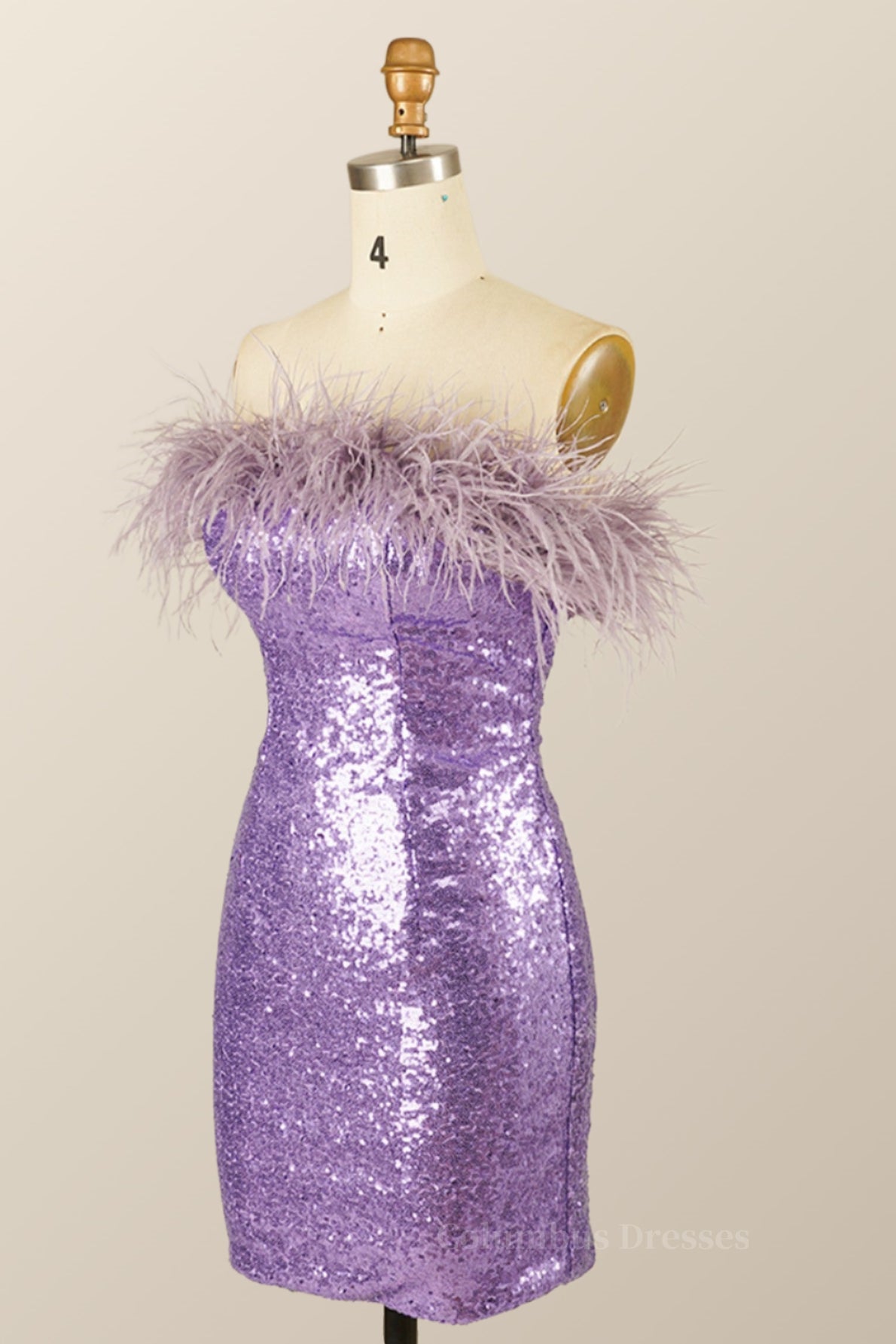 Purple Dress, Feather Strapless Purple Sequin Mini Dress