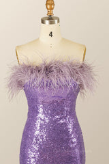 Unique Prom Dress, Feather Strapless Purple Sequin Mini Dress