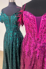 Summer Wedding Guest Dress, Feathered Cold Shoulder Sequin Long Prom Dress with Appliques