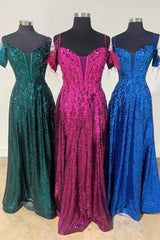 Wedding Guest Dress Summer, Feathered Cold Shoulder Sequin Long Prom Dress with Appliques