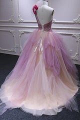 Dress Formal, Puffy One Shoulder Sleeveless Tulle Prom Dress with Flowers, Ruffles Quinceanera Dress