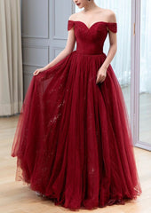 Urgundy Tulle Long Prom Dress, A-Line Off The Shoulder Evening Dress
