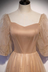 Bridesmaids Dresses Gold, Cute Tulle Long Prom Dresses, A-Line Evening Dresses