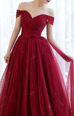 Urgundy Tulle Long Prom Dress, A-Line Off The Shoulder Evening Dress