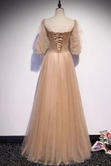 Bridesmaids Dress Gold, Cute Tulle Long Prom Dresses, A-Line Evening Dresses