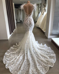 Wedding Dress On Sale, Fit and Flare Lace Crystals Necklace Wedding Dresses Open Back Bridal Gowns with Feather