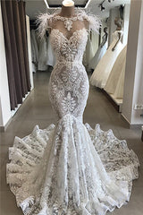 Wedding Dress Trains, Fit and Flare Lace Crystals Necklace Wedding Dresses Open Back Bridal Gowns with Feather