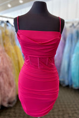 Evening Dresses Mermaid, Fitted Fuchsia Straps Pleated Short Homecoming Dress