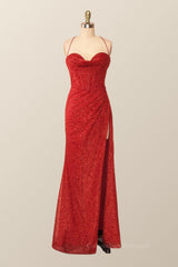 Party Dress Classy Christmas, Fitted Red Cowl Neck Long Party Dress with Slit
