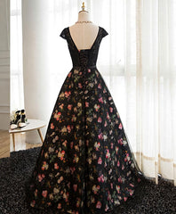 Bridesmaids Dress Floral, Black Lace Floral Patterns Long Prom Dress, Black Evening Dress