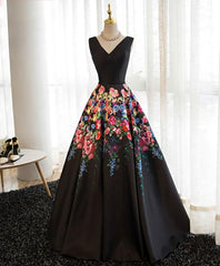 Bridesmaid Dress With Sleeves, Black V Neck Floral Patterns Long Prom Dress, Black Evening Dress