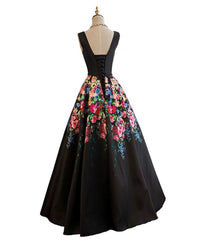 Bridesmaids Dresses Long Sleeves, Black V Neck Floral Patterns Long Prom Dress, Black Evening Dress