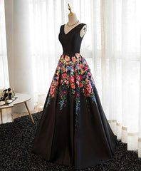Bridesmaid Dresses Long Sleeve, Black V Neck Floral Patterns Long Prom Dress, Black Evening Dress