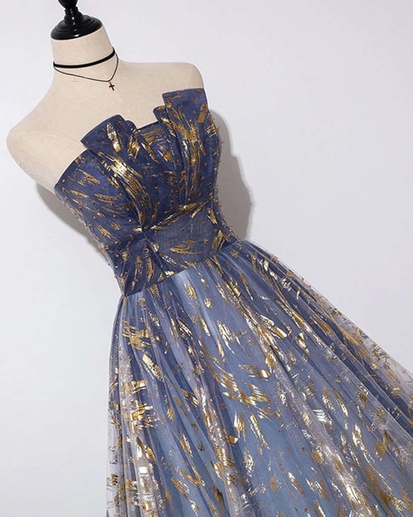 Winter Formal Dress Short, Charming Blue Floral Print Tulle Strapless Long A Line Prom Dresses, Dance Dresses