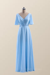 Party Dress Trends, Flare Sleeves Blue Chiffon A-line Long Bridesmaid Dress