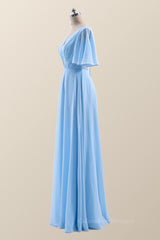 Party Dresses Ladies, Flare Sleeves Blue Chiffon A-line Long Bridesmaid Dress
