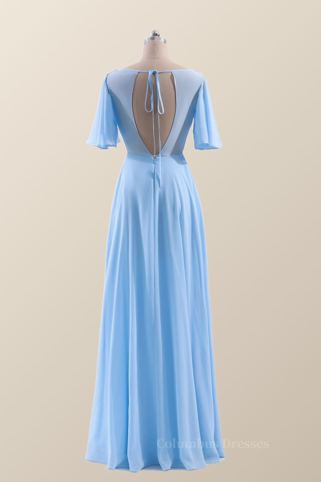 Party Dress Websites, Flare Sleeves Blue Chiffon A-line Long Bridesmaid Dress