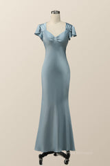 Prom Dresses Long Light Blue, Flare Sleeves Blue Mermaid Long Bridesmaid Dress