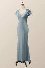 Prom Dresses Light Blue Long, Flare Sleeves Blue Mermaid Long Bridesmaid Dress