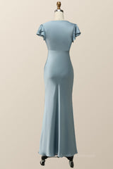 Prom Dress Long Sleeve Ball Gown, Flare Sleeves Blue Mermaid Long Bridesmaid Dress