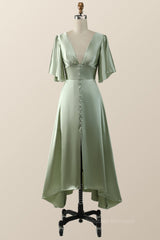Formal Dresses For Wedding, Flare Sleeves Green Empire Midi Bridesmaid Dress