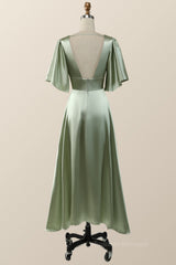 Formal Dress For Wedding, Flare Sleeves Green Empire Midi Bridesmaid Dress