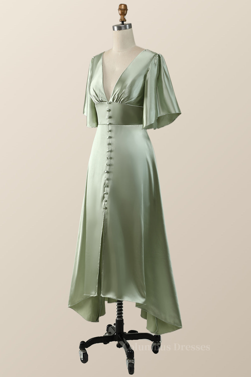 Formal Dressing For Wedding, Flare Sleeves Green Empire Midi Bridesmaid Dress