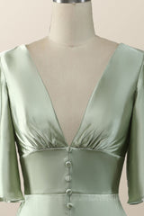 Formal Dress Places Near Me, Flare Sleeves Green Empire Midi Bridesmaid Dress