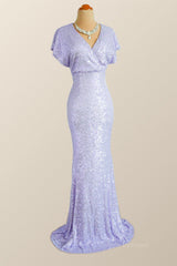 Party Dresses Europe, Flare Sleeves Lavender Sequin Mermaid Party Dress